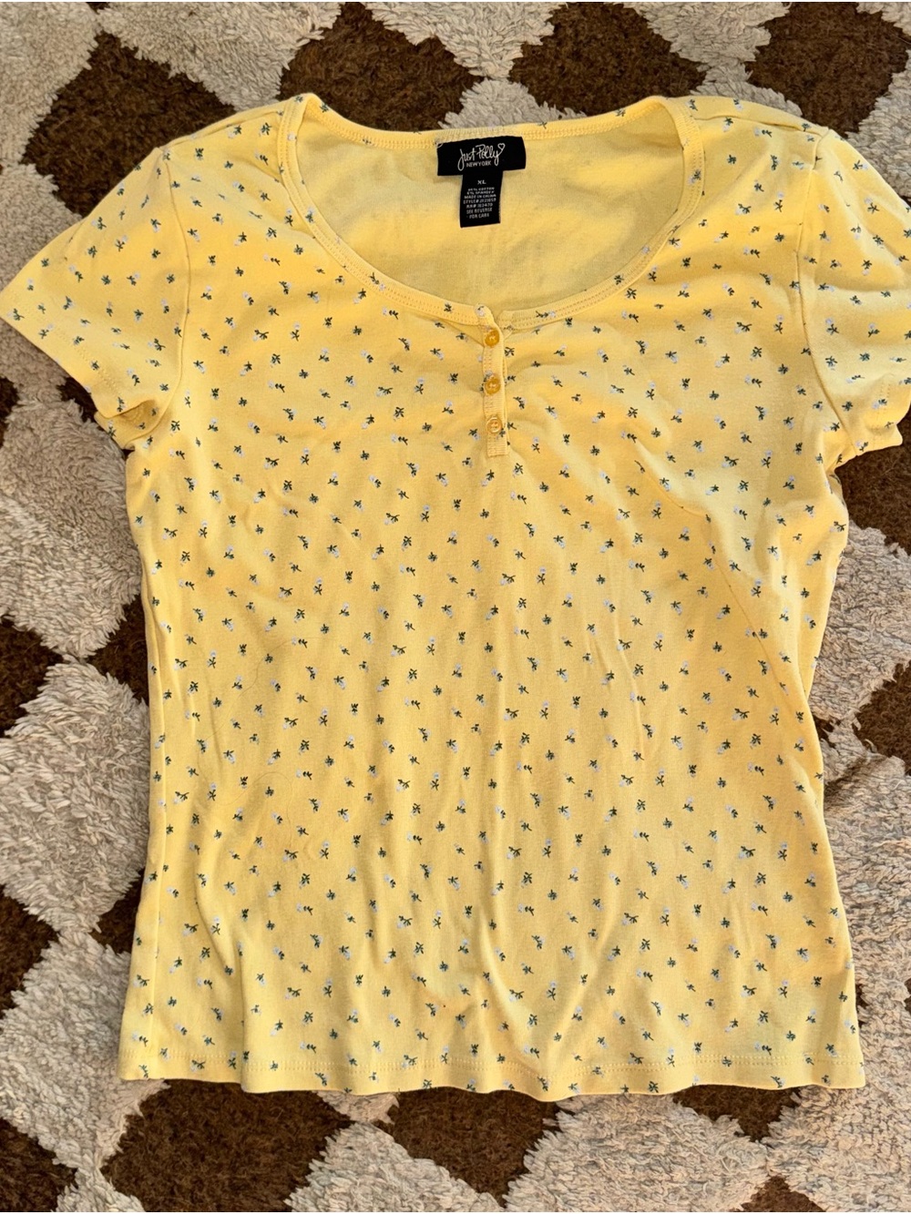 Just Polly Yellow Floral Baby Tee Women's Y2K Fitted Henley Top